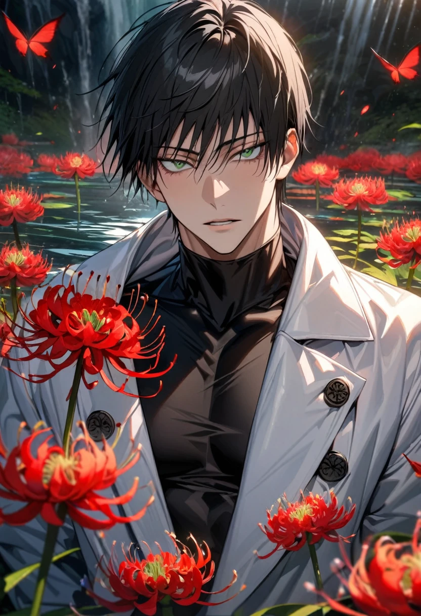 (absurdres, highres, ultra detailed, HDR) master piece, best quality, delicate features, Fushiguro Touji, straight black hair, expressive green eyes, Jujutsu Kaisen, solo, sexy man, handsome, white coat, black tight shirt, patterns, red spider lilies, red butterflies, magical fantasy, water
