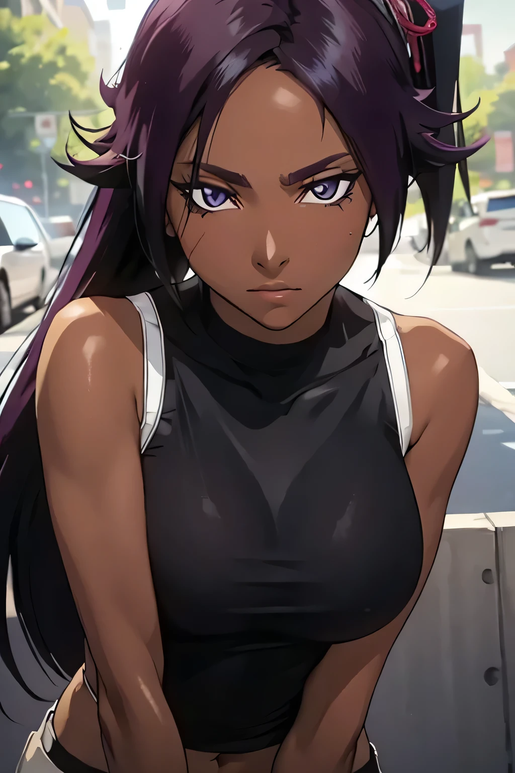 1 woman, yoruichi shihouin, dark skinned, long dark purple hair, ponytail, ((detailed eyes:1.2)), wearing tanktop, sexy, sensual, sleeveless, underboob, masterpiece, top quality, best quality, official art, beautiful and aesthetic:1.2), extreme detailed, colorful, highest detailed