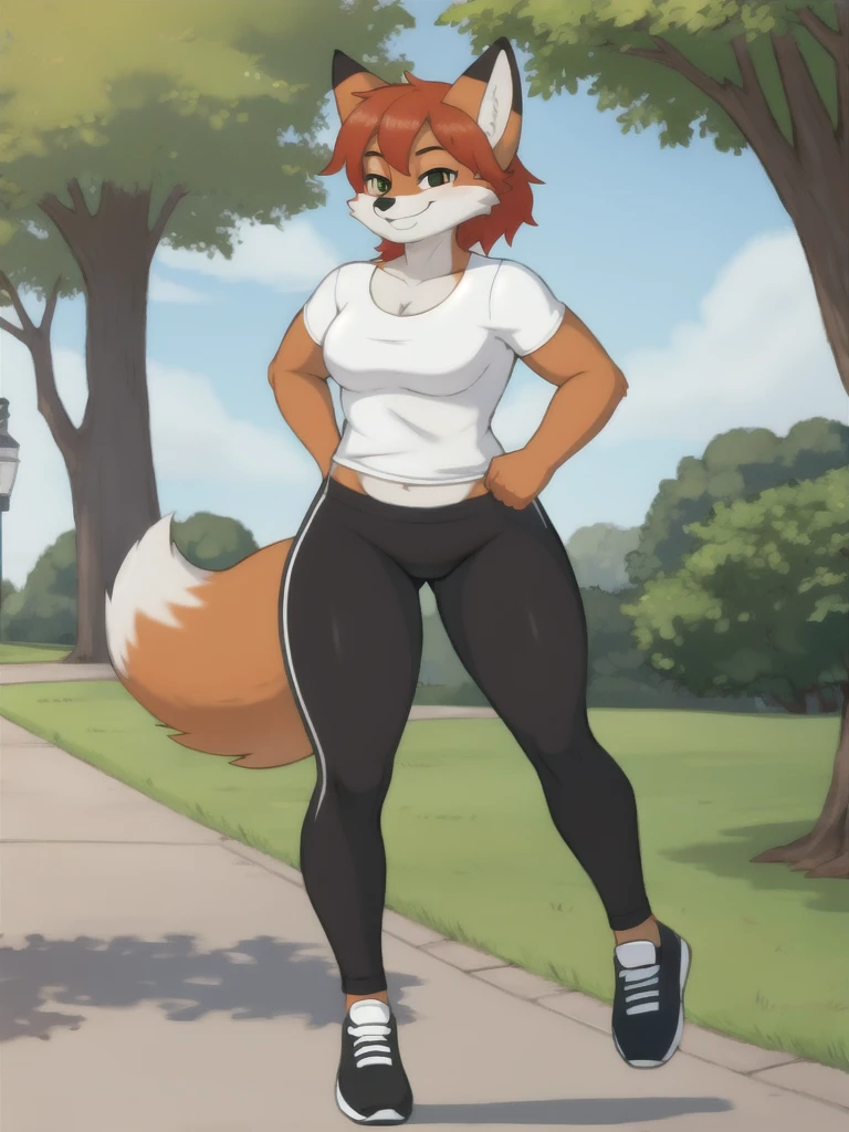 Furry, fox, smile, black leggings, white shirt, jogging, solo, park