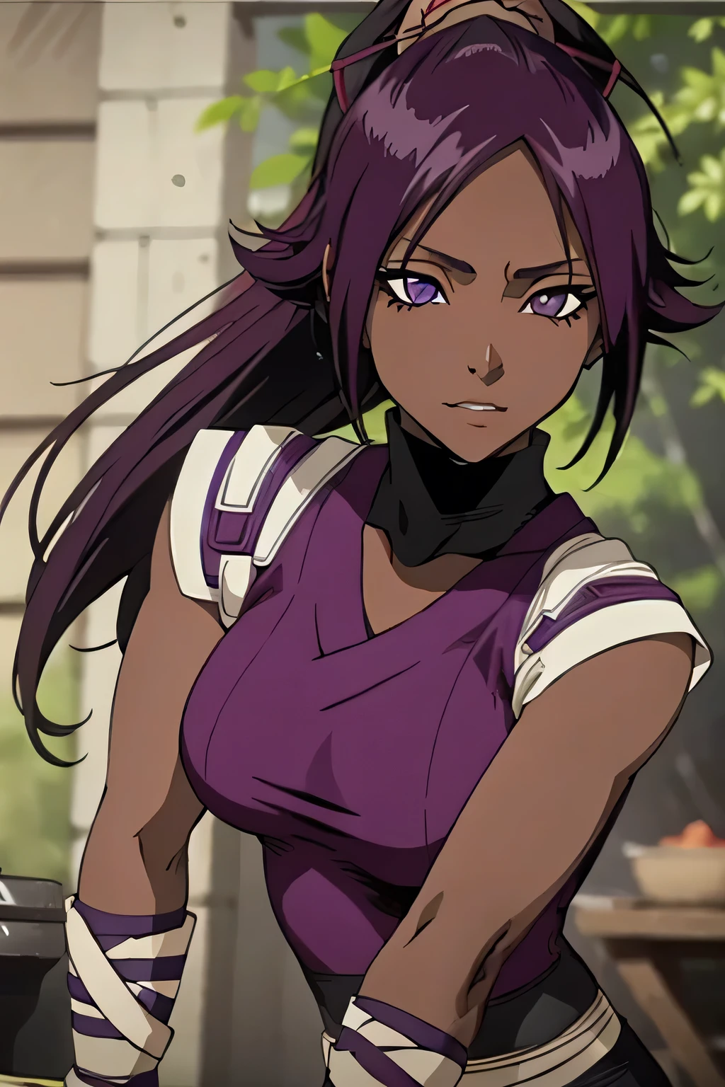 1 woman, yoruichi shihouin, dark skinned, long dark purple hair, ponytail, ((detailed eyes:1.2)), wearing tanktop, sexy, sensual, sleeveless, underboob, masterpiece, top quality, best quality, official art, beautiful and aesthetic:1.2), extreme detailed, colorful, highest detailed