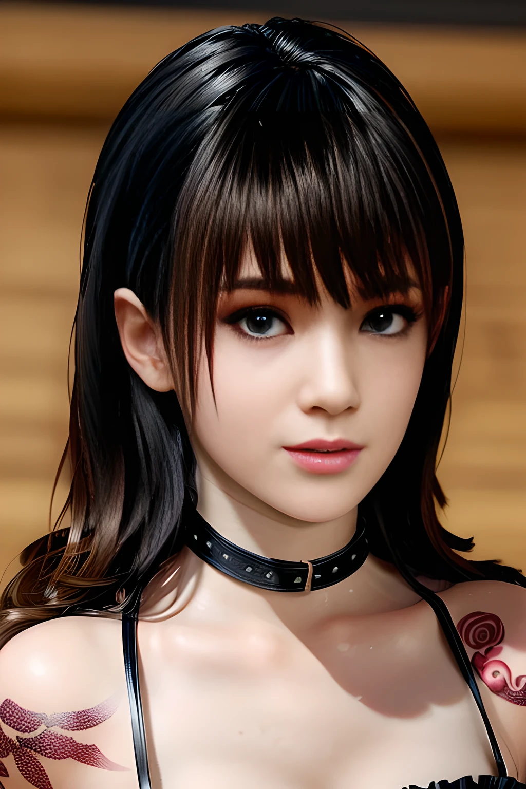 1girl, Wearing a jumpsuit, a corset, , appealing cleavage,( beautiful tattoo:1.2), overhead view, beautiful detailed eyes, beautiful detailed lips, extremely detailed eyes and face, long eyelashes, feminine charm, detailed texture, snug fit, fashionable, soft fabric, radiant skin, (best quality,4k,8k,highres,masterpiece:1.2), ultra-detailed, (realistic,photorealistic,photo-realistic:1.37),nanami