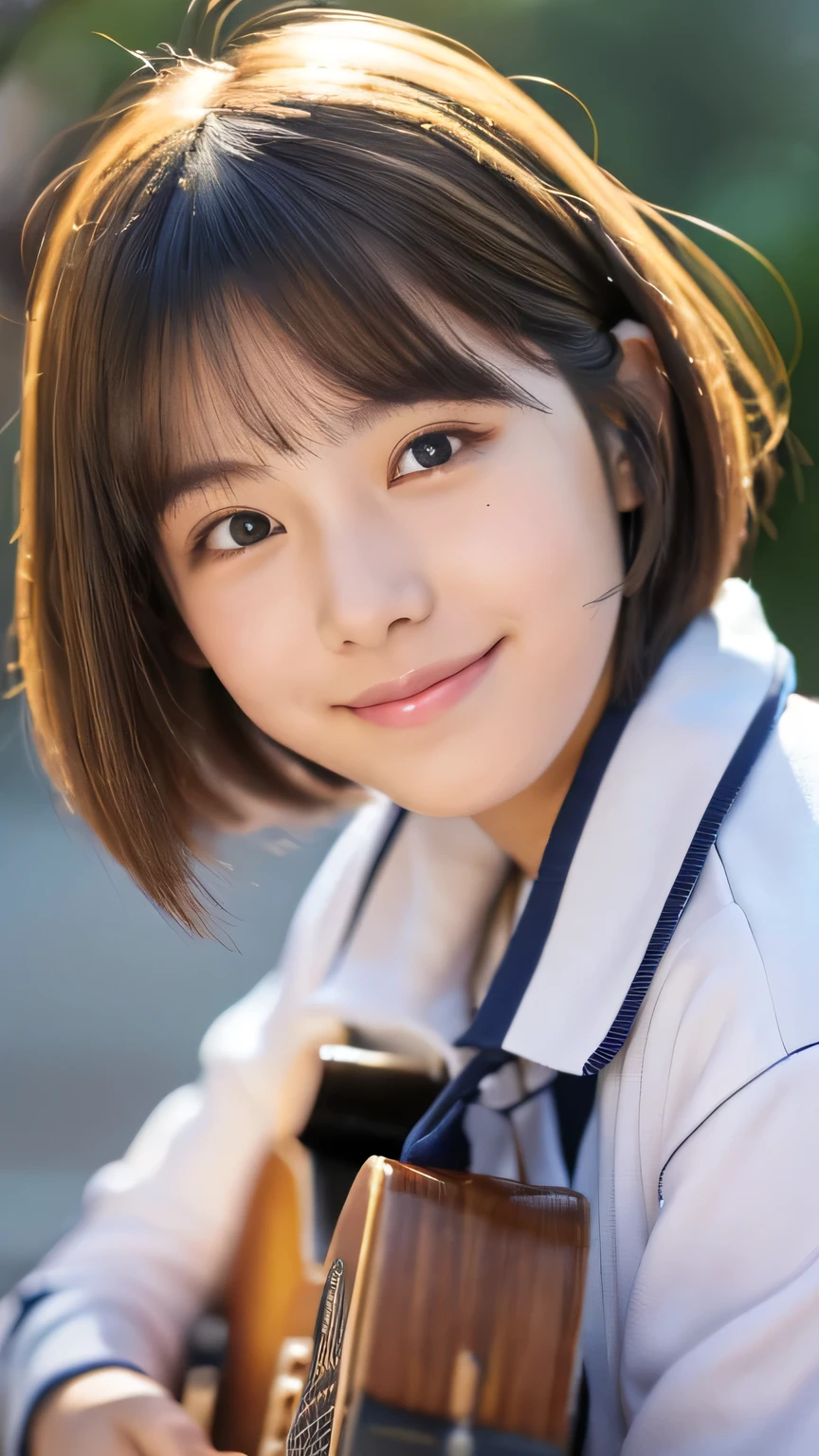 masterpiece　high resolution　Female student　very cute　Natural atmosphere　boyish　************　Bobcut　Dimples　mole　Tanuki face　Vertical navel　Acoustic guitar　