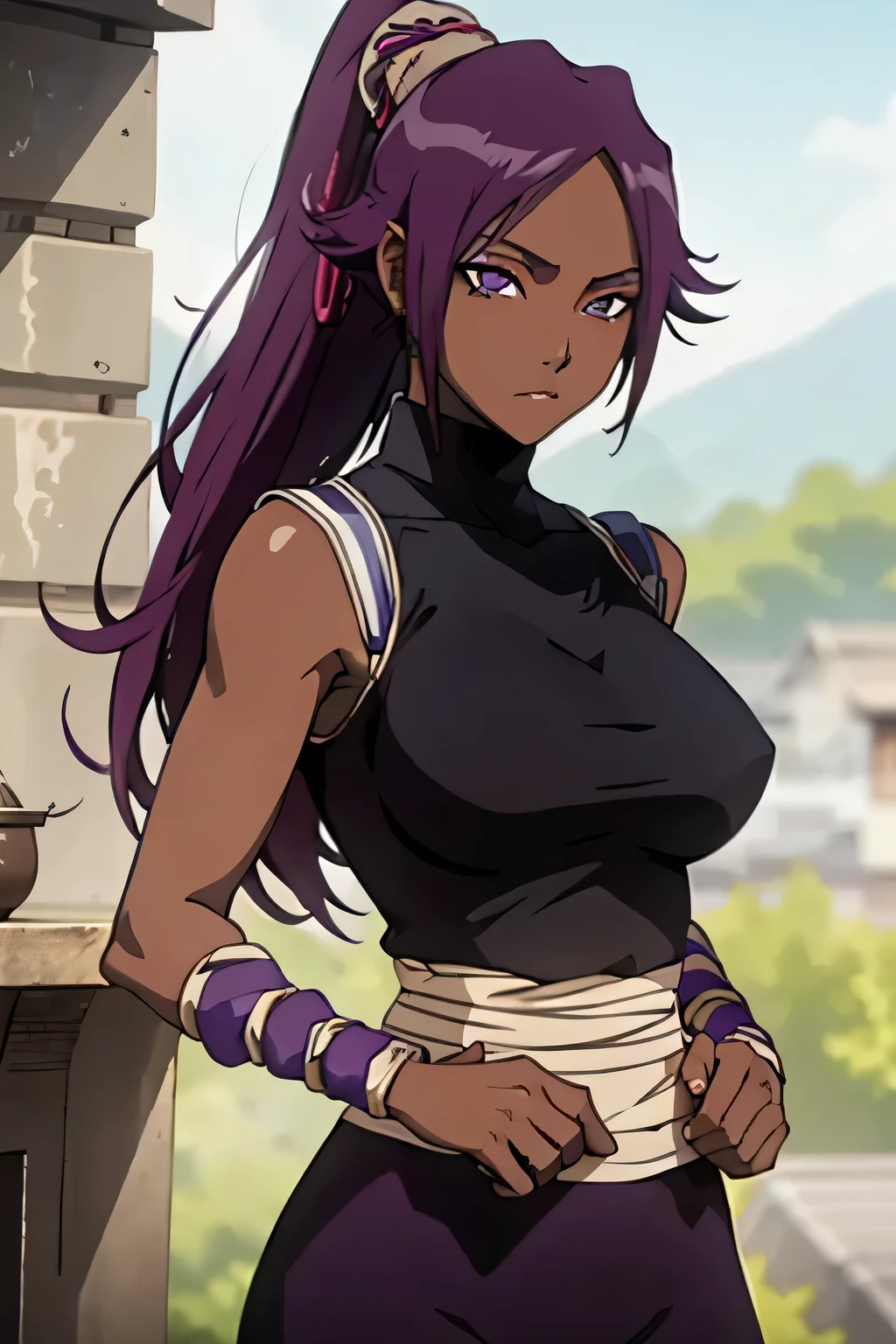 1 woman, yoruichi shihouin, dark skinned, long dark purple hair, ponytail, ((detailed eyes:1.2)), wearing tanktop, sexy, sensual, sleeveless, underboob, masterpiece, top quality, best quality, official art, beautiful and aesthetic:1.2), extreme detailed, colorful, highest detailed