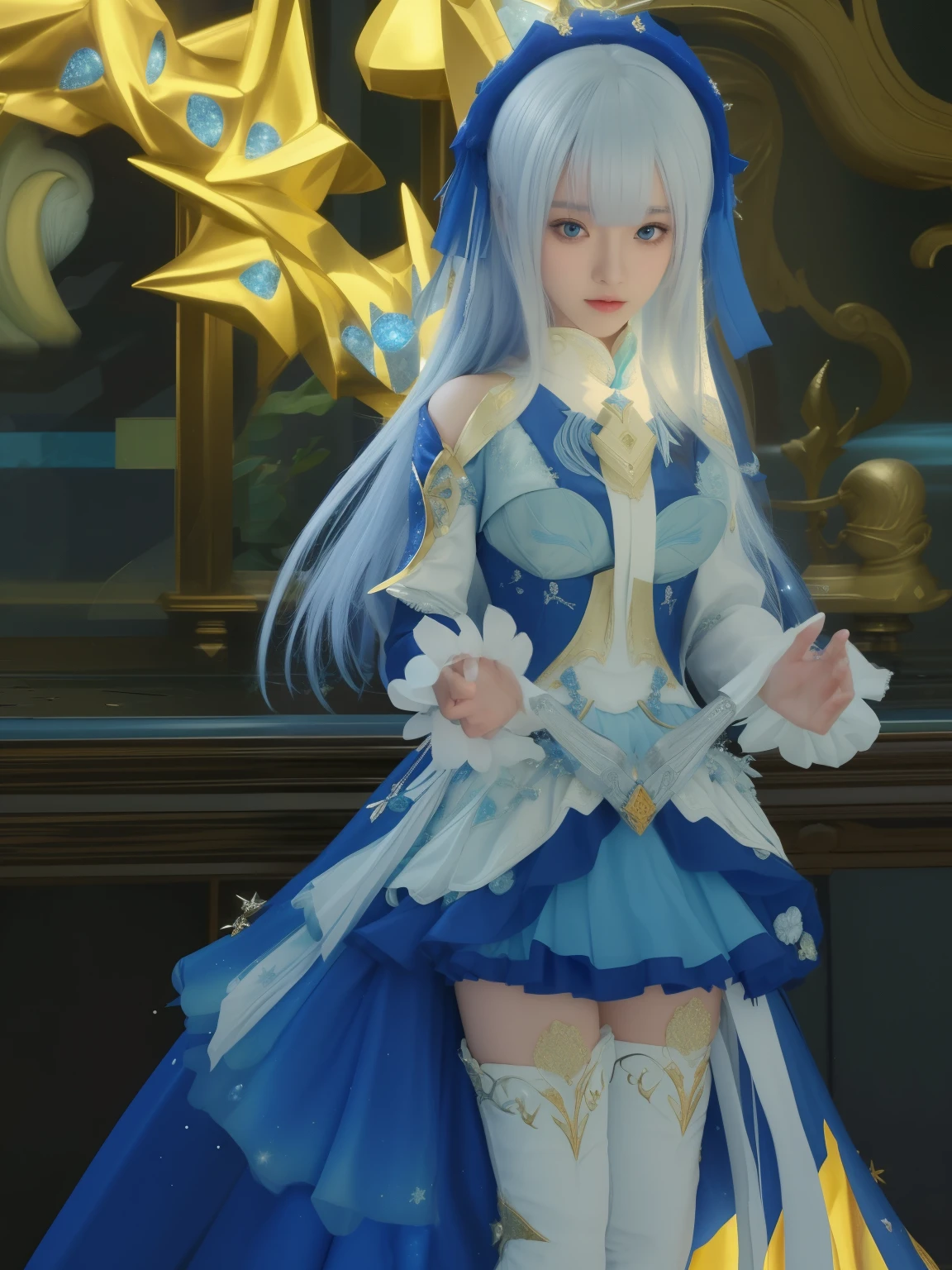 um close de uma pessoa com um vestido e uma estrela, aurora de engrenagem, impacto de ayaka genshin, traje com detalhes em azul, armadura de cor prata azul e gelo, armadura refletida cor de gelo lascada, armadura azul clara, roupa de fantasia, Lindo mago celestial, traje ornamentado, deusa dos animes, sedutor elfo princesa cavaleiro, capa azul, do videogame azur lane