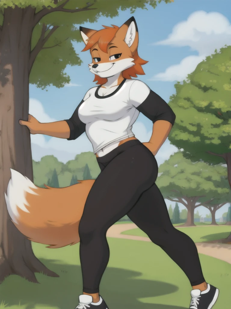 Furry, fox, smile, black leggings, white shirt, jogging, solo, park