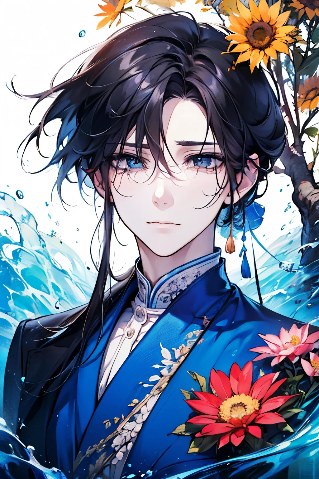 (old male:1.45)、(masterpiece、highest quality、highest quality、Beautiful and beautiful:1.2)、(Good anatomy:1.5)、Painting of a male with milky black hair、Shy smile、Sparkling Eyes、(dark eyes)、(looking down:1.3)、A waterfall is flowing between the flowers and leaves、(sunny days:1.45)、(black、darkblue、bloodred:1.2)、(Chinese concept:1.25)、(Summer resort:1.3)、I'm embarrassed and my face turns red、((Crying face:1.2))