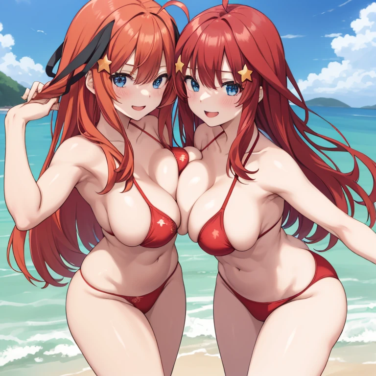 2d, masterpiece, best quality, anime, highly detailed, 5 girl, photo of 5 girl, quintuplets, nakano itsuki, red hair, long hair, star hair ornament, ahoge, large breasts, spa, red bikini, outdoors, smile, sexy body, perfect body, abs muscular, belly button, side breasts, back of thigh, breast size comparison, breast fight, breasts pressing, breasts pressed together, pairing a character with their own self, underboob, lots of breasts, breast sumo, full body, sandwich, sandwiched, symmetrical docking, hand on another's back, hand on hair 