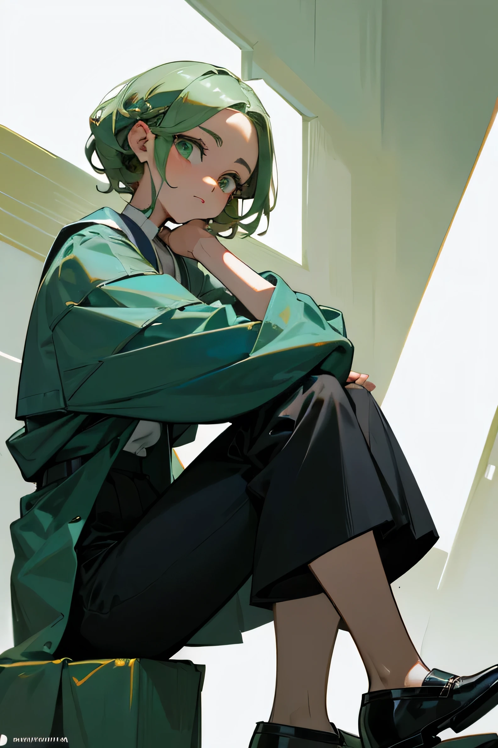 Objetivo grande ,Dos piernas(peinado de corto hasta los hombros suelto .),Tener el pelo corto verde rio suelto.,bata de doctora larga blanca con bolsillos y mangas largas,black pants , zapatos de marca , ojos verdes esmeralda , cara seria pero amable ,cold sweet face , 21 year old woman , sola ,esta en una oficina de hospital,en el fondo hay pinturas en especifico mujeres ,en sus mano derecha tiene una brocha de maquillaje, en su bata un logo de tanatopraxista ,usa lented negros