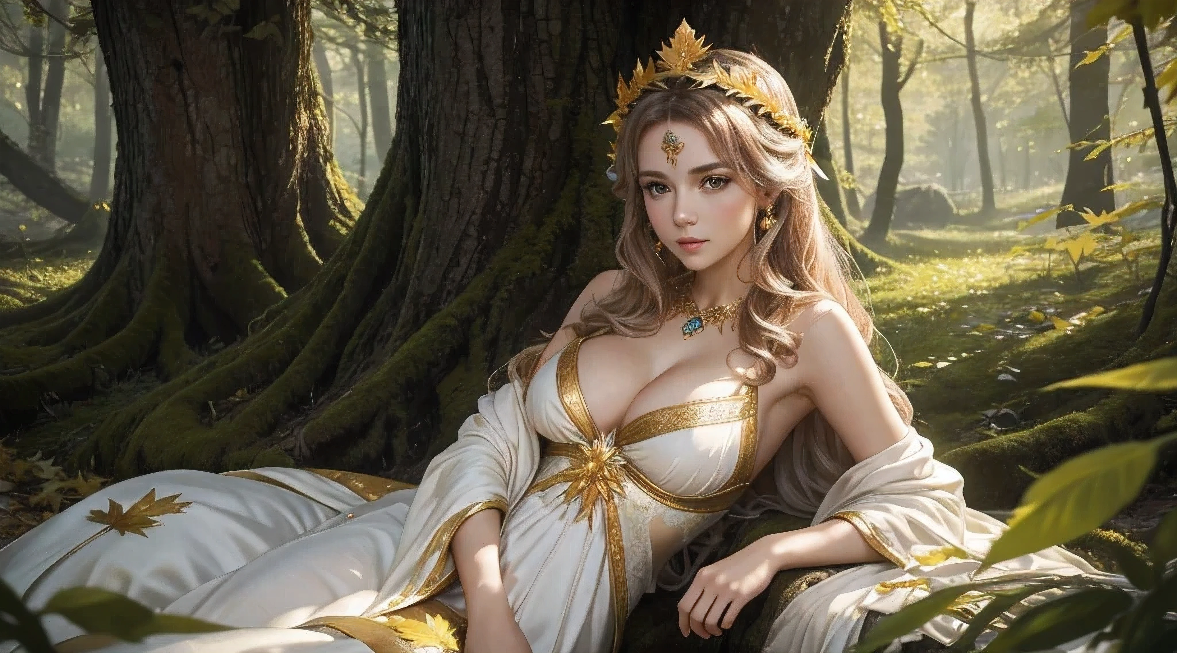 8K image quality: A princess with a sexy bust, a laurel crown on her head, a white dress, a scene in a fantasy forest with many yellow maple leaves