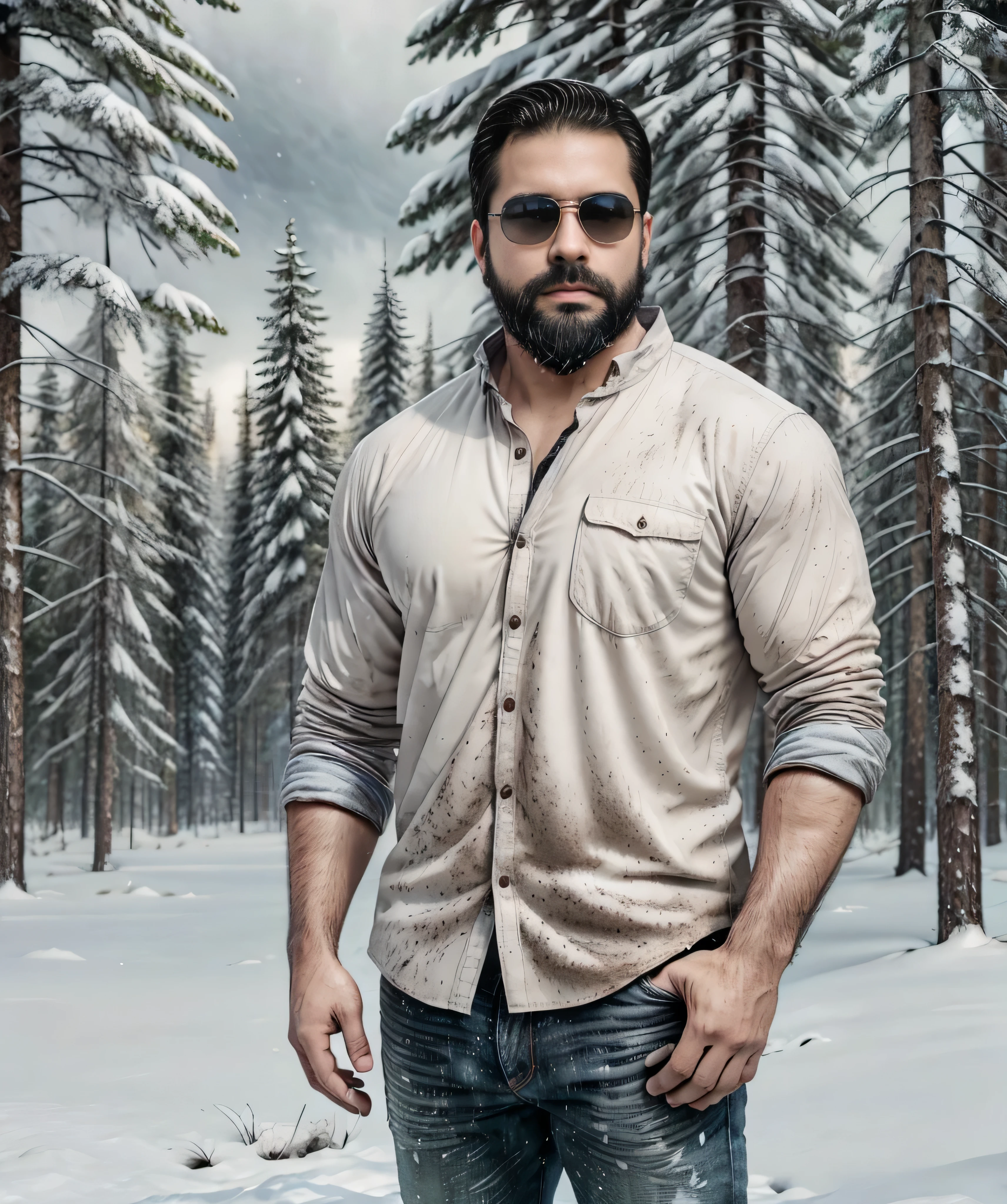 A confident man with a thick beard and aviator sunglasses stands in a snowy forest. He is wearing a stylish plaid flannel shirt over a white t-shirt and dark jeans. The background showcases tall, snow-covered pine trees and a moody, cloudy sky, creating an atmosphere of wilderness and solitude. The man's hands are in his pockets, and he exudes a calm and composed demeanor.