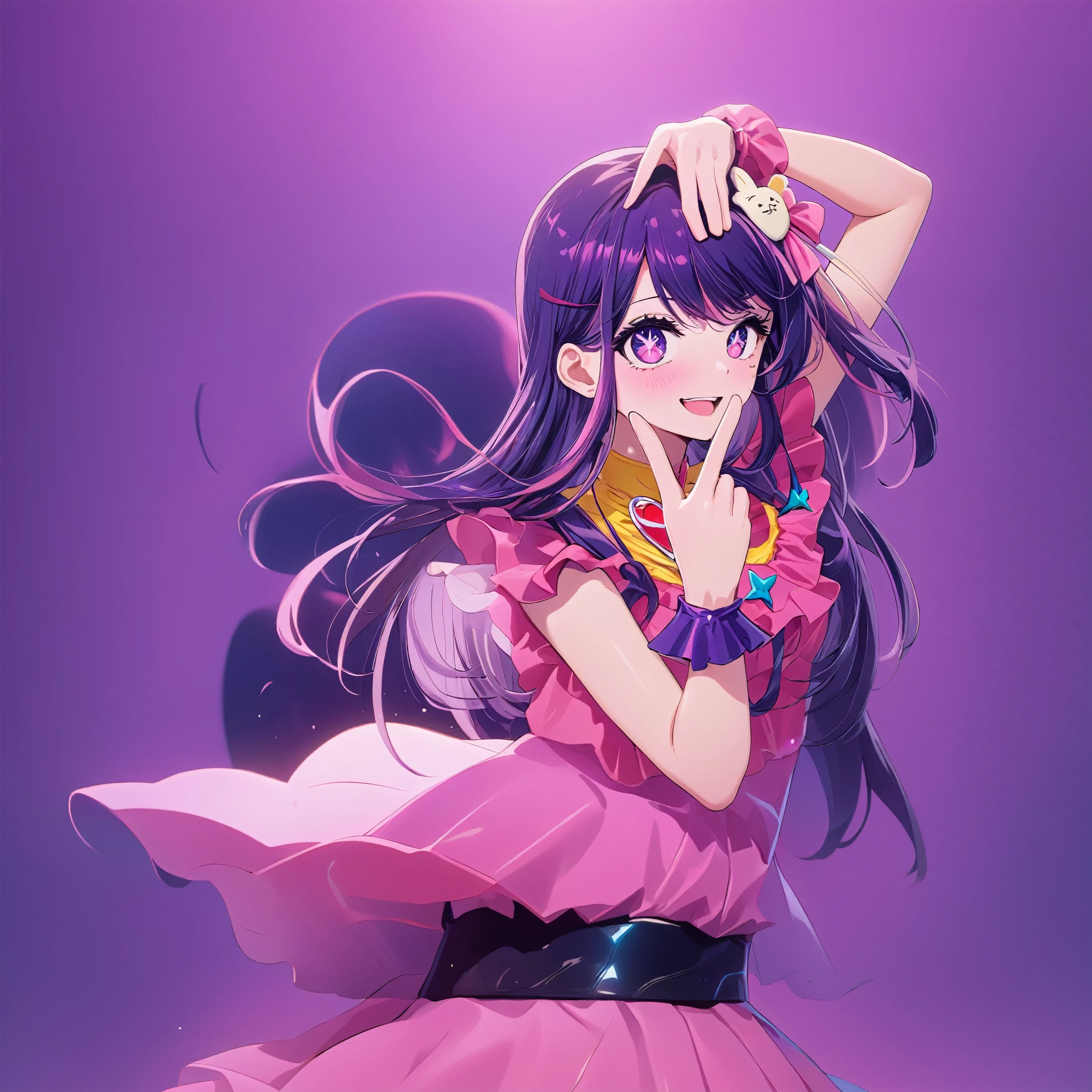 One girl,キャラ全体像whole body、whole body、Waist-high cowboy shot、Double peace sign above and below the face、Pink clothes Purple hair、Ai Hoshino、My Favorite ,Pink costume i go, Double peace sign above and below the face、Costumes, alone,smile,Pink atmosphere oshinokoparody, Open your mouth,Double V, Upper Body, masterpiece, highest quality, Super detailed, High resolution,4K,(Very detailed:1.4) (figure:0.5), (Ray Tracing,:0.8),(Anime Color:0.7),(AI-generated:0.2),