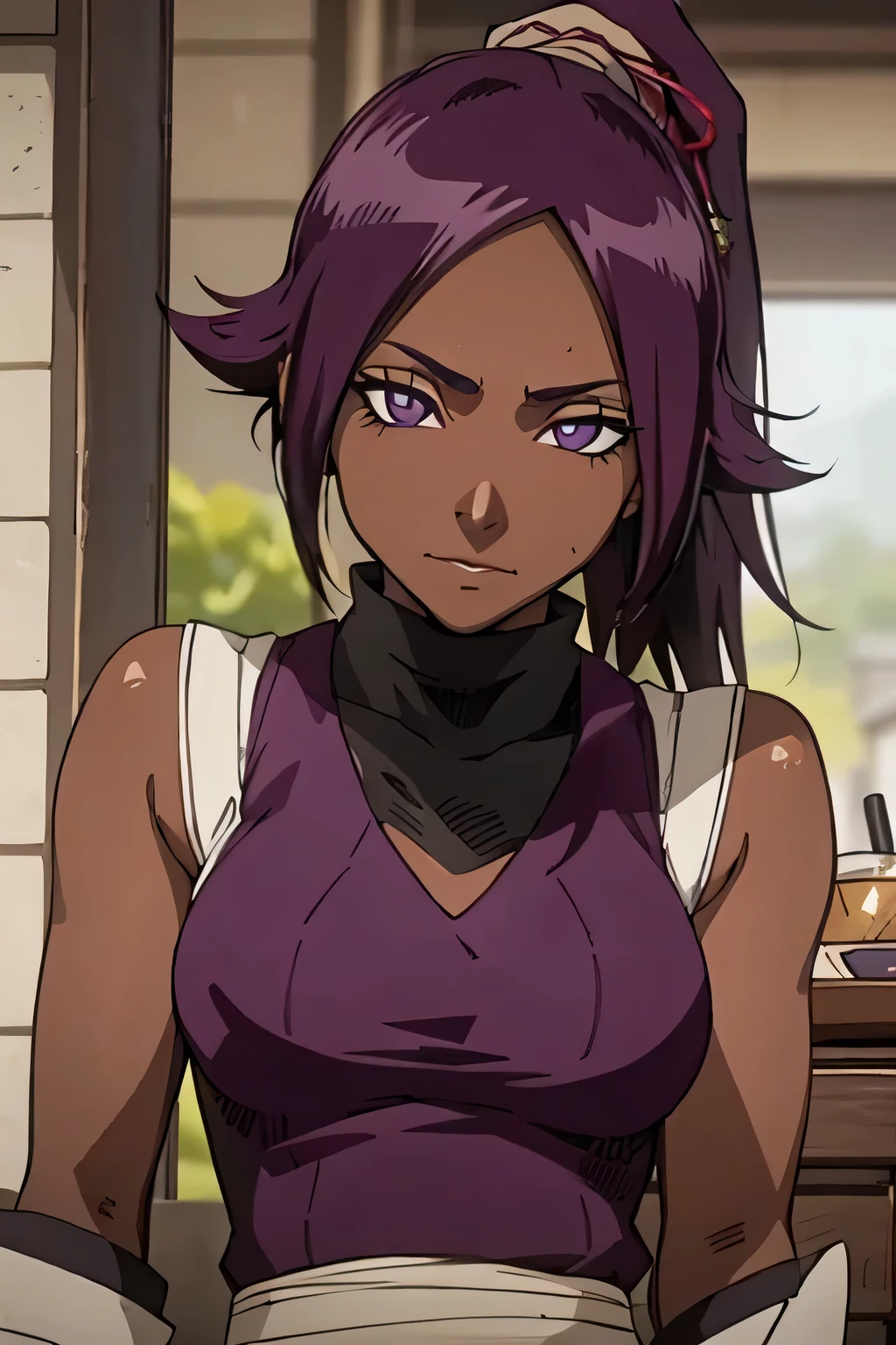 1 woman, yoruichi shihouin, dark skinned, long dark purple hair, ponytail, ((detailed eyes:1.2)), wearing tanktop, sexy, sensual, sleeveless, underboob, masterpiece, top quality, best quality, official art, beautiful and aesthetic:1.2), extreme detailed, colorful, highest detailed