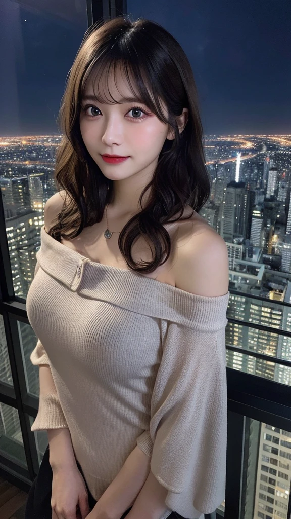 In detail, High resolution, high quality、Perfect dynamic composition, Beautiful fine details, Beauty、Natural color lip、The background is clear、Shooting up close、((((Wavy Hair、night、It's dark outside、40th floor、Off the shoulder))))、Face is close、20-year-old woman、1 person、Clear Skin、Shiny Hair、 最high quality, figure, Very detailed, In detail, High resolution, 8k、The correct state of the human body、Shiny wet hair、Perfect beautiful face、Big Breasts、G-cup bust、necklace、Smiling Kindly、Slender body、Protruding chest、Soft Bust、自然なBig Breasts、Big eyes、Big dark eyes、Clear eyes、Big Eyes、Large tear bags、Long eyelashes、looking at the camera、Thick eyebrowascara、eye shadow、Eyeliner、Areola