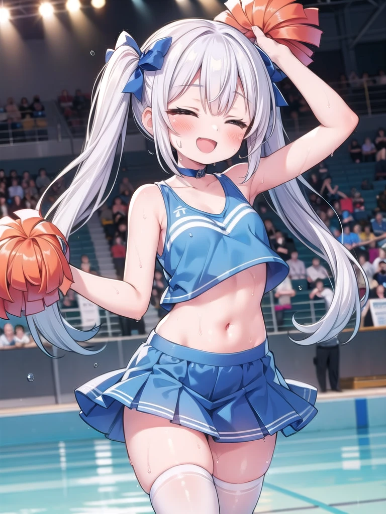 1girl, best quality, perfect hands, very long hair, white hair, white thighhighs, navel, bare arms, twintails, hair bow, very short skirt, cheerleader, cheergirl, blush, profuse sweating, wet, wet clothes, wet body, :d, closed eyes, armpits, happy, hand-cranked cheering flower, happy smile