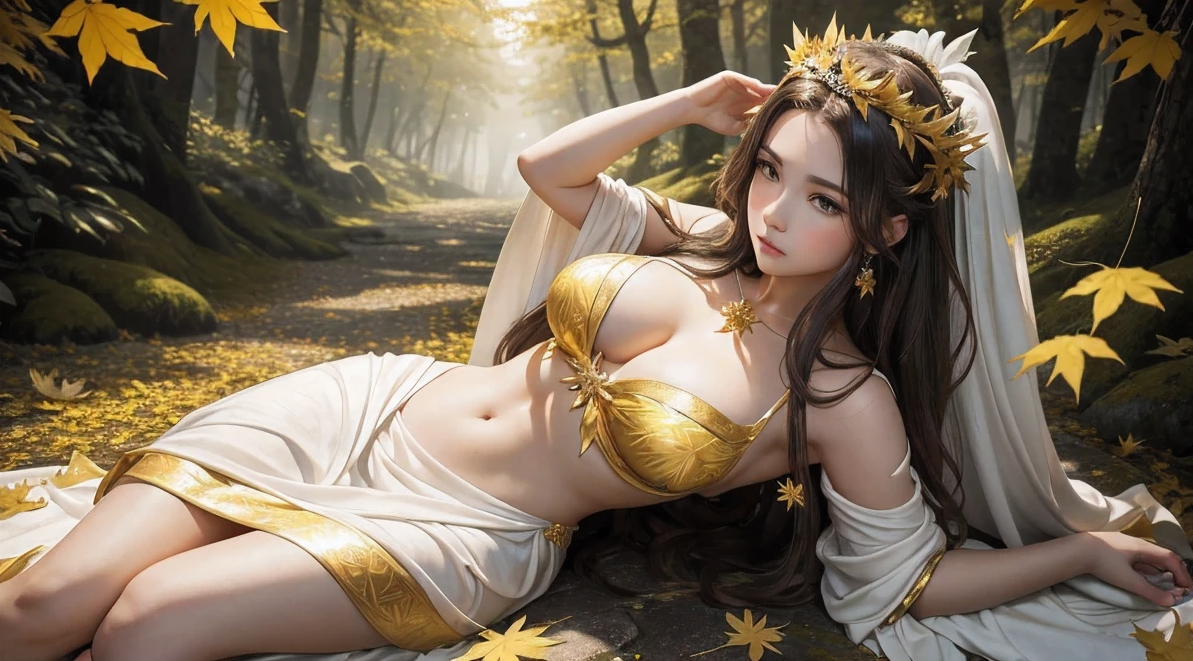 8K image quality: A princess with a sexy bust, her head crowned with laurel, wearing a white dress, a scene in a fantasy forest with many yellow maple leaves everywhere, little angels flying around, she sad