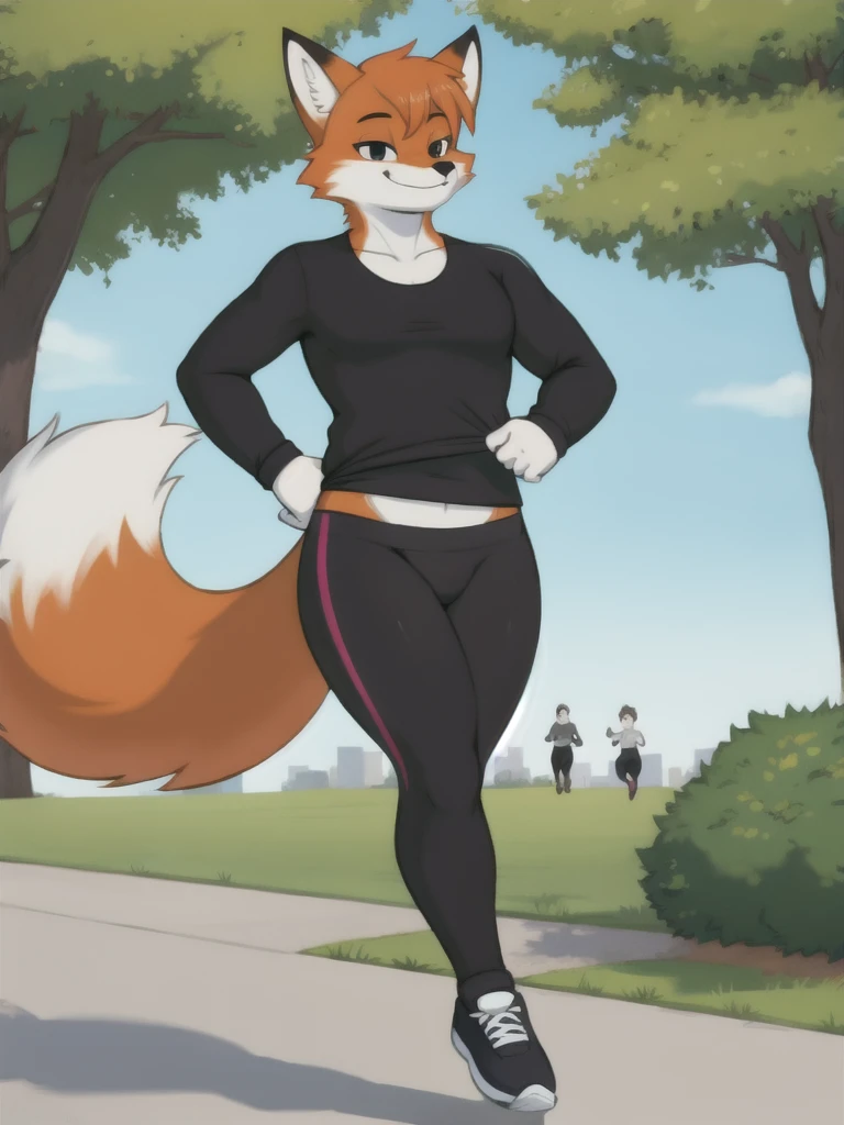 Furry, fox, smile, black leggings, white shirt, jogging, solo, park