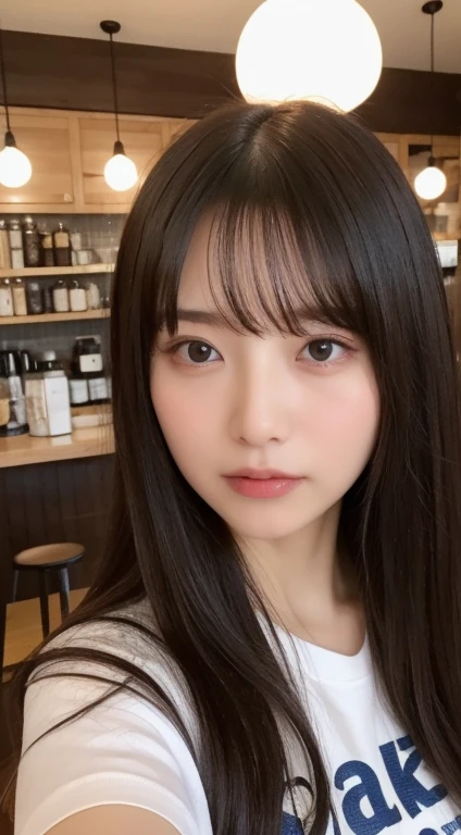 ((highest quality、8k、masterpiece:1.5))、One Girl、Blunt bangs、(Symmetrical face)、Highly detailed face、Very sophisticated mouth、Fine grain、Detailed ears、Slim face、(Selfie:1.3)、(look up)、(From above)、(Black straight long hair、Ahoge:1.3)、(Looking up)、The background is blurred、(Details T-shirt:1.2)、Lip gloss、(Coffee shop)、(Turn off the lights)、Emphasize breast size、Coffee shopの机