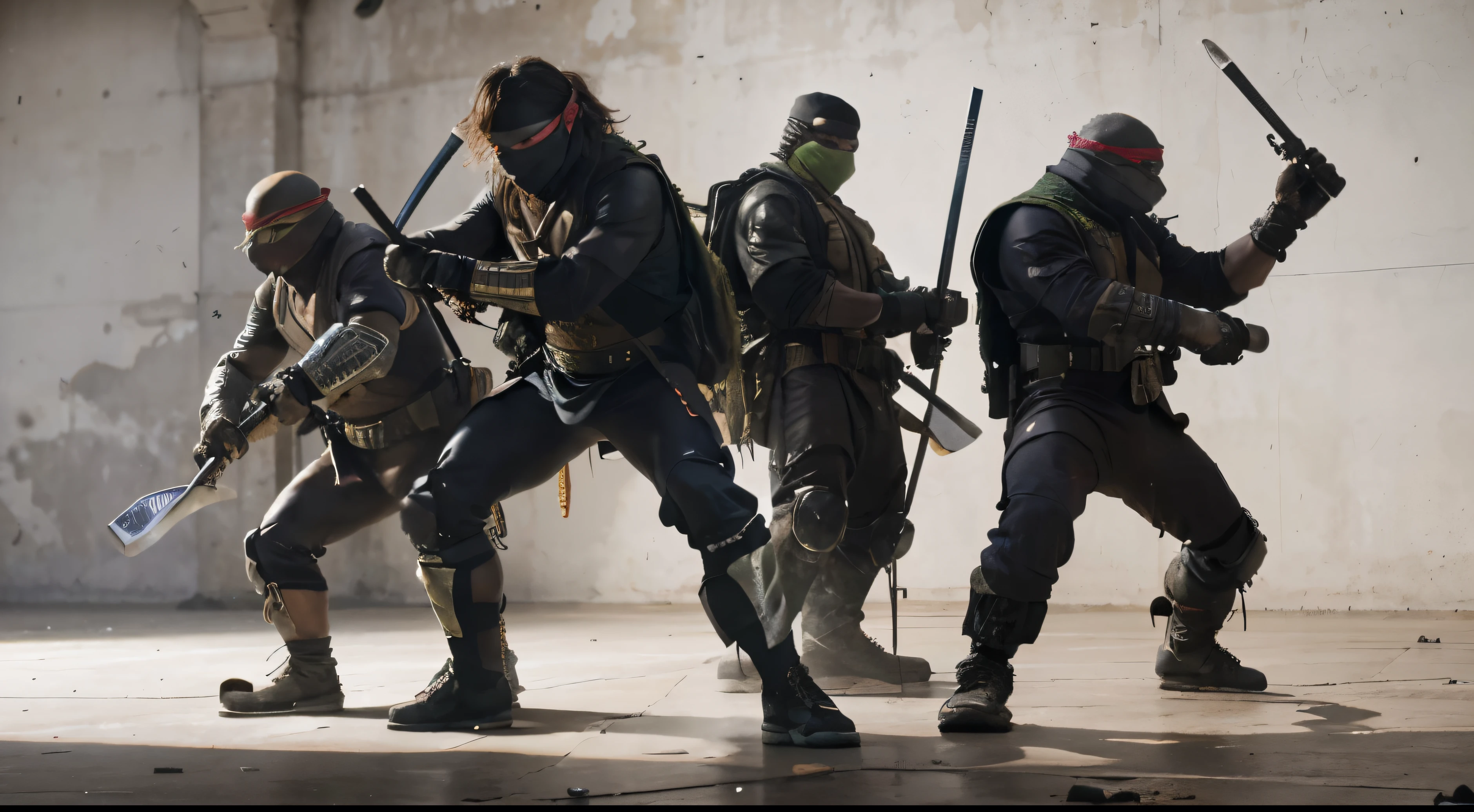 (Best quality, 8k, 32k, Masterpiece, UHD:1.2) Transform the setting of this image to feature the Teenage Mutant Ninja Turtles in their lair, centered around a giant throne-like chair. The environment should be a detailed sewer area with elements like exposed pipes, brick walls, and scattered debris, creating a gritty, underground atmosphere.
Introduce the Teenage Mutant Ninja Turtles in dynamic poses around the throne. They should have realistic reptilian details and textures while maintaining their humanoid appearance. Leonardo, with a textured blue bandana, should have smooth, greenish-brown skin and a detailed shell featuring subtle patterning. Michelangelo, wearing an orange bandana, should have a speckled, olive-green skin tone with webbed fingers and toes. Donatello, in a purple bandana, should exhibit darker, rugged skin with patches of mottled brown. Raphael, sporting a red bandana, should have rougher skin texture with visible veins and a deep green hue.
Highlight their reptilian nature with realistic skin textures, scales, and moist surfaces. The giant throne-like chair should be the focal point, possibly adorned with elements that reflect their personalities, such as weapon holders or skateboard designs. The turtles can be interacting with the chair, with one possibly sitting on it while others stand guard or engage in casual conversation.
The lighting should be dynamic, with contrasted shadows and highlights that accentuate their forms and the details of their surroundings. Use the environmental lighting from the lair, such as dim overhead lights and glowing screens, to cast realistic glows and reflections on the turtles and the sewer elements.
Ensure the scene captures the essence of their underground home, with the turtles appearing ready for action or relaxation, creating a vivid, engaging depiction of their lair.