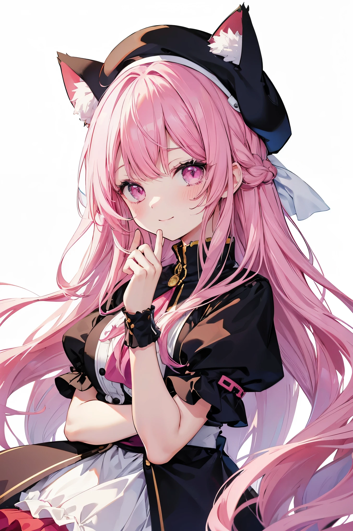 girl、White Background、No background、Long Hair、Long Hair、Pink Hair、Sparkling eyes、Red beret、Cat ear、Pink Eyes、Drooping eyes、Droopy eyebrows、one piece、肩出し白と黒とピンクのone piece、Frills、cute、Cute blush、Fair skin、smile、High saturation、Rich in color、Clear illustration、anime、Line art、No background
