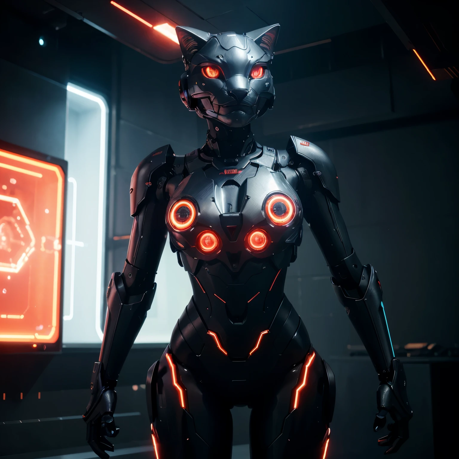 a powerful robotic cat with glowing red eyes, highly detailed, intricate mechanical design, advanced cybernetic enhancements, futuristic technology, complex inner workings, sleek and angular body, advanced sensors, articulated limbs, metallic textures, neon highlights, cinematic lighting, dramatic composition, cinematic camera angle, 8k, photorealistic, concept art style