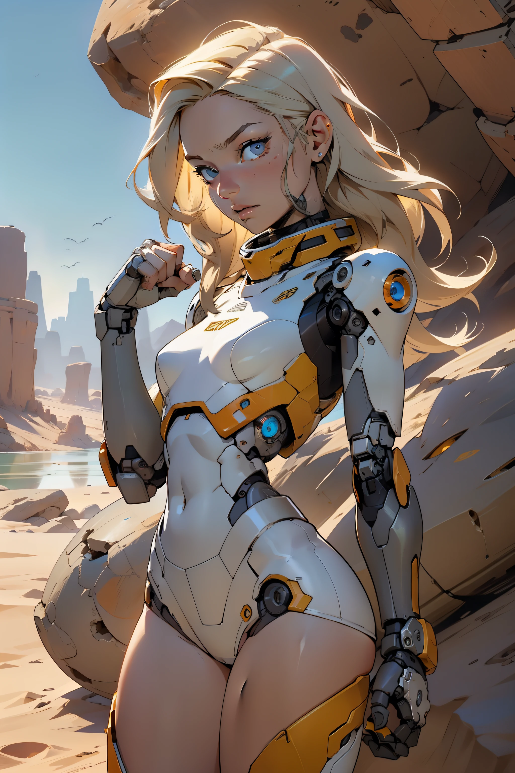 high quality, 4k, masterpiece, beautiful, cyborg girl, cowboy shot, dull eyes, front, looking at viewer, long blonde hair, girl, small breasts, fit thighs, robotic arms, robotic body, cyborg body, white & yellow uniform, orange accent, intricate detail, joint, detailed lines, robotic detail, holding fist up, holding hand up as fist, color robotic parts, robotic parts with color, perfect fingers, on a desert planet, sunny background, colorful desert, a river or a lake in the background, slender thighs, skinny thighs, thin thighs