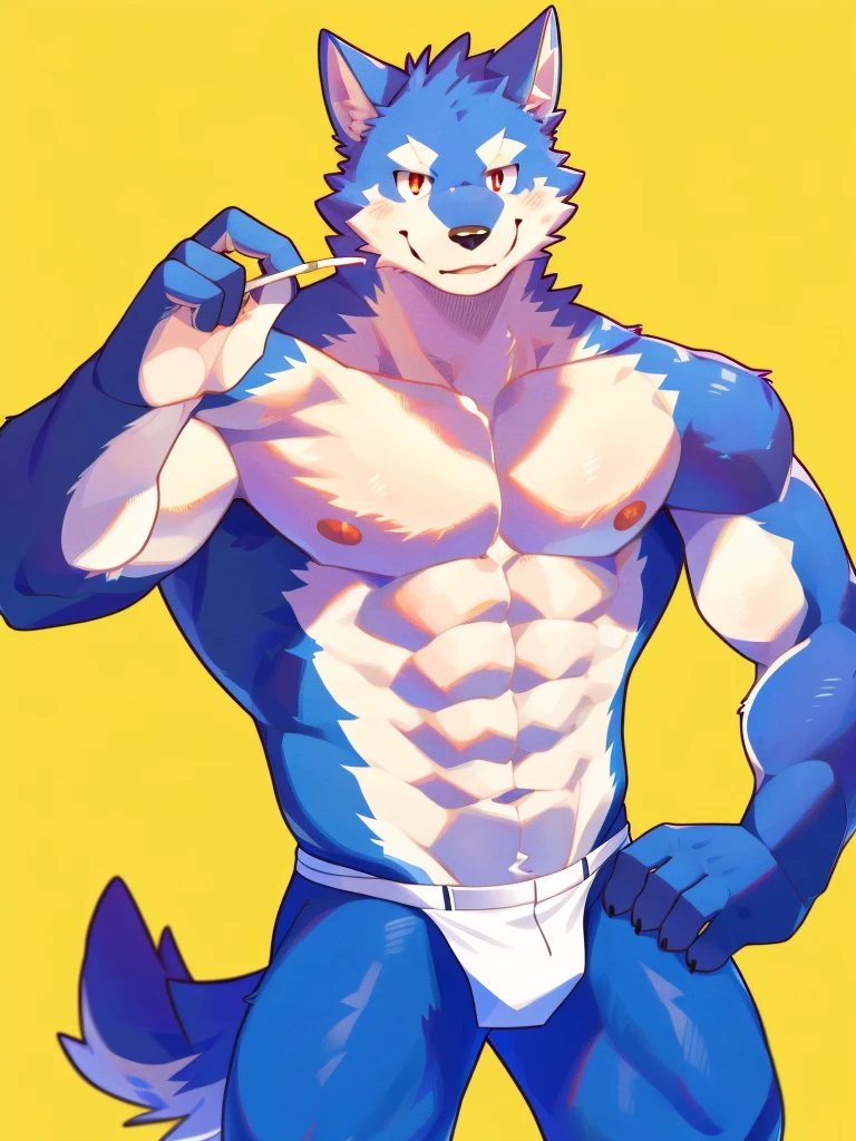 Scribble wolf face, cute face, kemono, (blue wolf), naked, himbo, smile, simple background, high res, best quality, nipples, detailed eyes, best anatomy