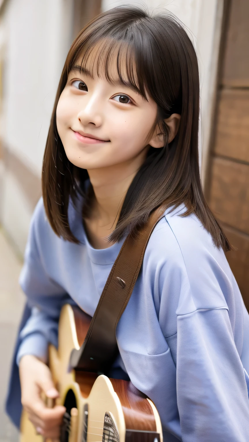 masterpiece　high resolution　Female student　very cute　Natural atmosphere　boyish　16 years old　Bobcut　Dimples　mole　Tanuki face　Vertical navel　Playing acoustic guitar　Are standing　