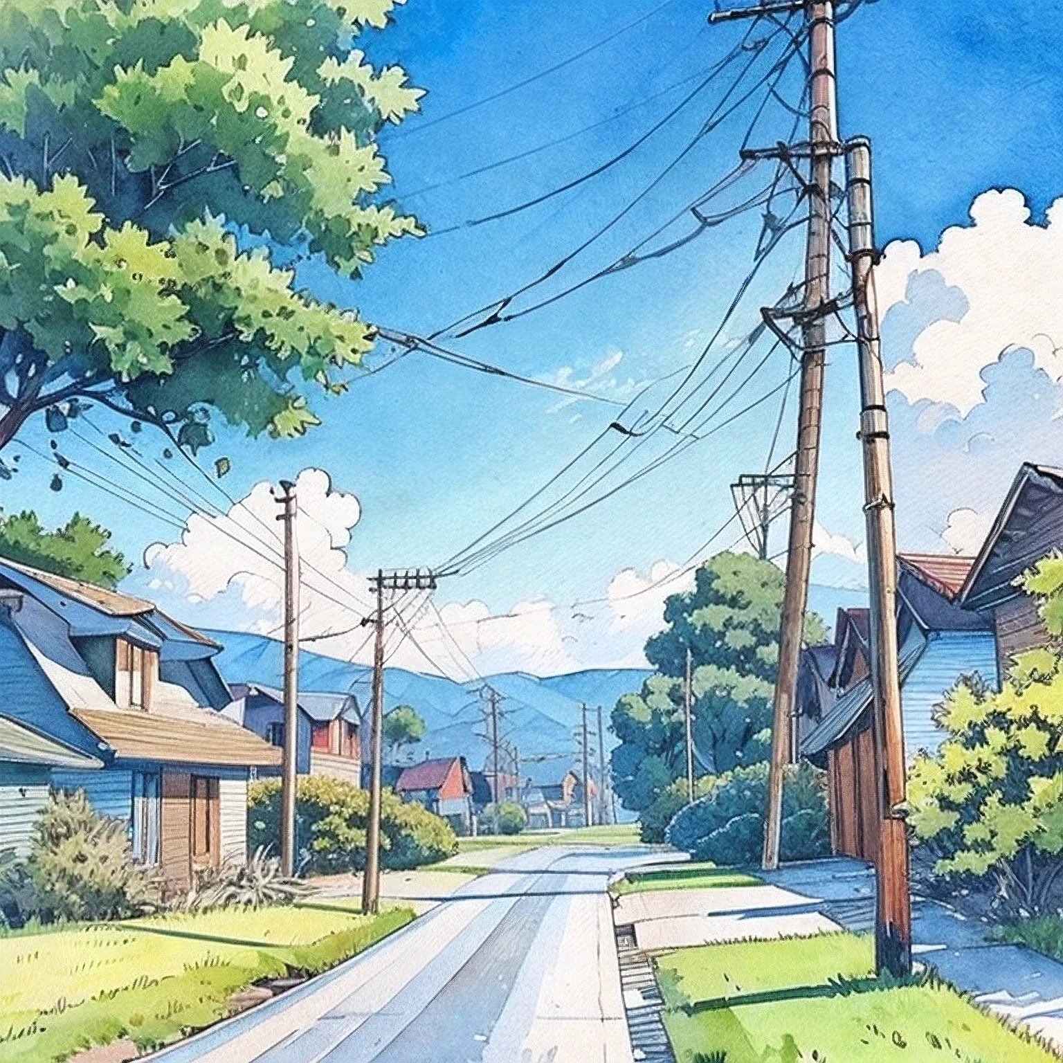 no humans, outdoors, power lines, house, sky, utility pole, tree, scenery, road, manhole, building, bush, grass, traditional media, day, plant, blue sky, cloud, painting (medium), watercolor (medium), town, 