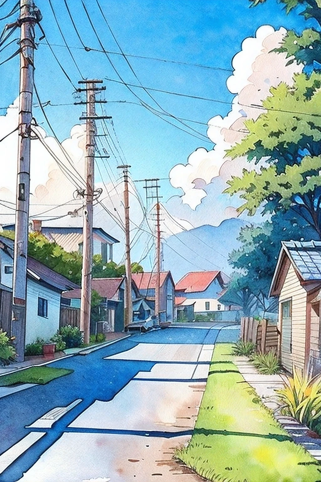 no humans, outdoors, power lines, house, sky, utility pole, tree, scenery, road, manhole, building, bush, grass, traditional media, day, plant, blue sky, cloud, painting (medium), watercolor (medium), town, 