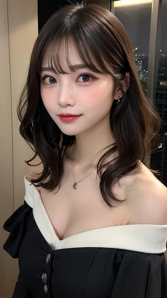 In detail, High resolution, high quality、Perfect dynamic composition, Beautiful fine details, Beauty、Natural color lip、The background is clear、Shooting up close、((((Wavy Hair、night、It's dark outside、40th floor、Off the shoulder))))、Face is close、20-year-old woman、1 person、Clear Skin、Shiny Hair、 最high quality, figure, Very detailed, In detail, High resolution, 8k、The correct state of the human body、Shiny wet hair、Perfect beautiful face、Big Breasts、G-cup bust、necklace、Smiling Kindly、Slender body、Protruding chest、Soft Bust、自然なBig Breasts、Big eyes、Big dark eyes、Clear eyes、Big Eyes、Large tear bags、Long eyelashes、looking at the camera、Thick eyebrowascara、eye shadow、Eyeliner、Areola