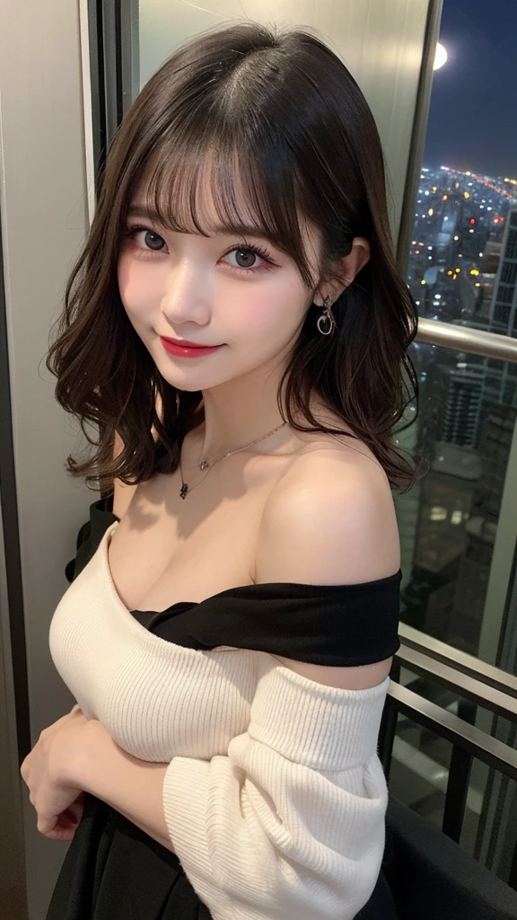 In detail, High resolution, high quality、Perfect dynamic composition, Beautiful fine details, Beauty、Natural color lip、The background is clear、Shooting up close、((((Wavy Hair、night、It's dark outside、40th floor、Off the shoulder))))、Face is close、20-year-old woman、1 person、Clear Skin、Shiny Hair、 最high quality, figure, Very detailed, In detail, High resolution, 8k、The correct state of the human body、Shiny wet hair、Perfect beautiful face、Big Breasts、G-cup bust、necklace、Smiling Kindly、Slender body、Protruding chest、Soft Bust、自然なBig Breasts、Big eyes、Big dark eyes、Clear eyes、Big Eyes、Large tear bags、Long eyelashes、looking at the camera、Thick eyebrowascara、eye shadow、Eyeliner、Areola
