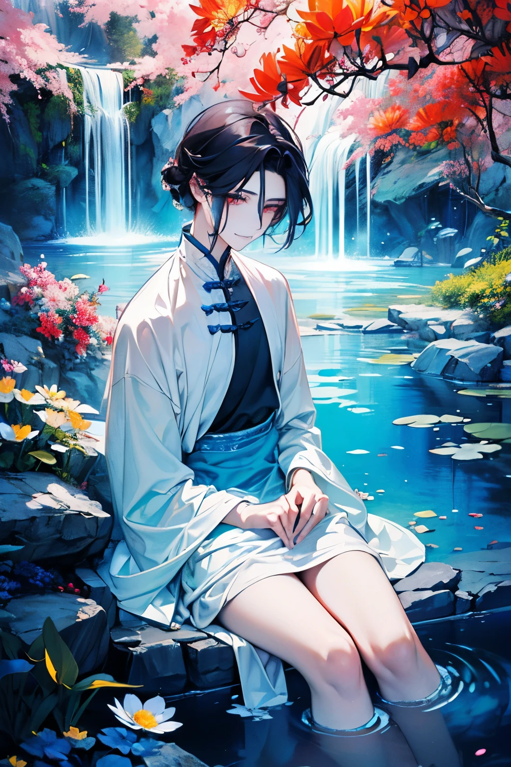 (old male:1.45)、(masterpiece、highest quality、highest quality、Beautiful and beautiful:1.2)、(Good anatomy:1.5)、Painting of a male with milky black hair、Shy smile、Sparkling Eyes、(dark eyes)、(looking  down:1.3)、A waterfall is flowing between the flowers and leaves、(sunny days:1.45)、(black、darkblue、bloodred:1.2)、(Chinese concept:1.25)、(Summer resort:1.3)、I'm embarrassed and my face turns red、((Bathing:1.2))、full body