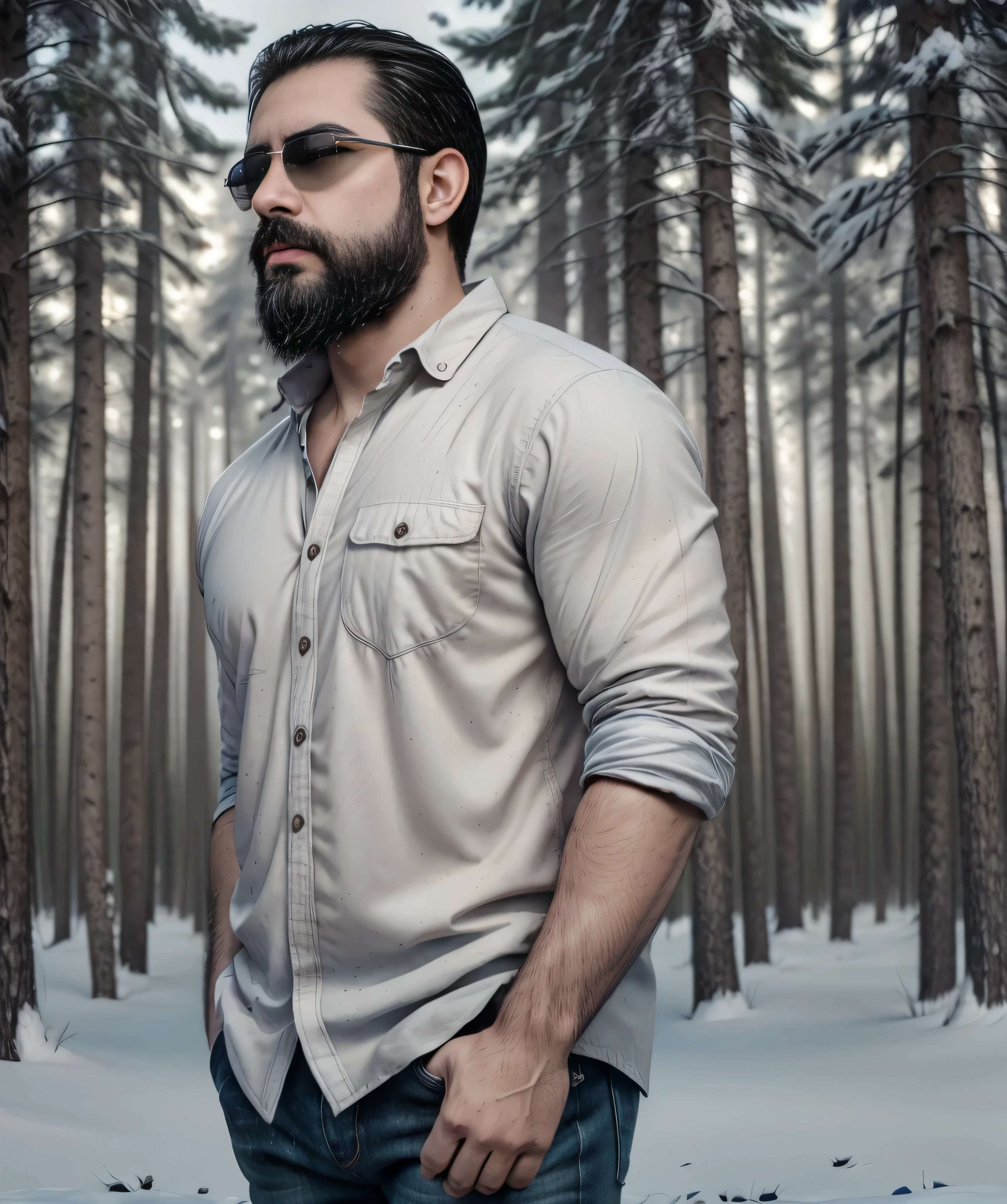 a confident man with a thick beard and aviator sunglasses, standing in a snowy forest, wearing a stylish plaid flannel shirt over a white t-shirt and dark jeans, tall snow-covered pine trees, moody cloudy sky, hands in pockets, calm and composed demeanor, (best quality,4k,8k,highres,masterpiece:1.2),ultra-detailed,(realistic,photorealistic,photo-realistic:1.37),HRD,UHD,studio lighting,ultra-fine painting,sharp focus,physically-based rendering,extreme detail description,professional,vivid colors,bokeh,portrait photography