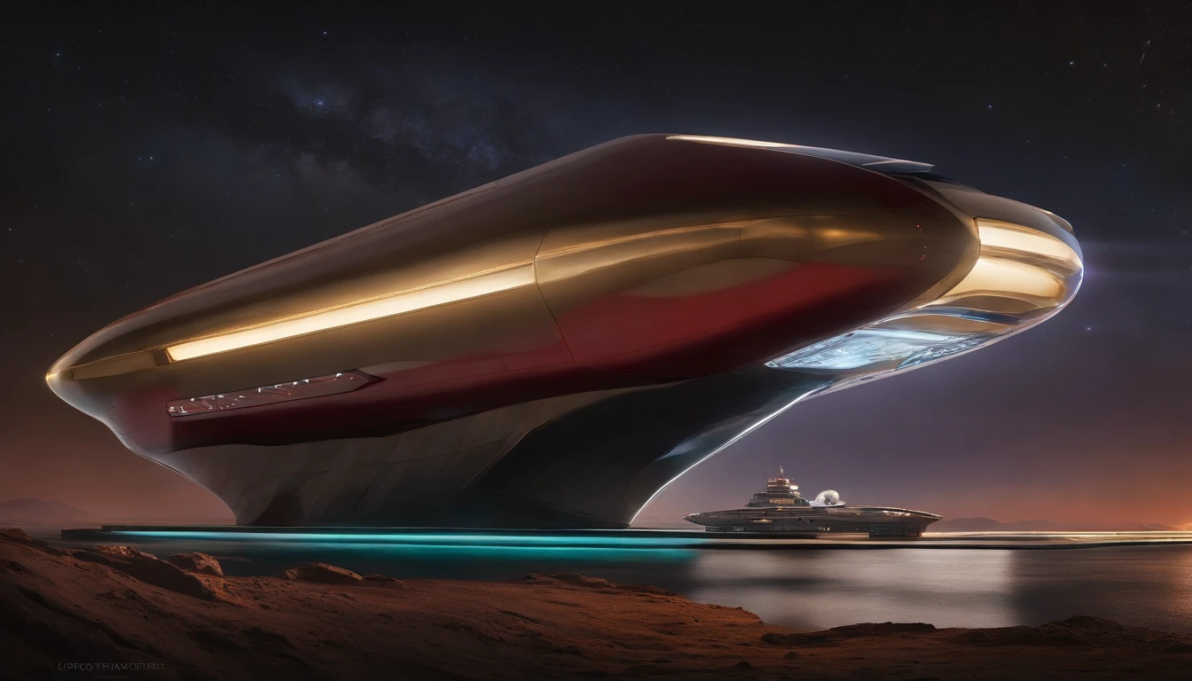 A highly detailed, photorealist, hyperrealist, hyperdetailed, masterpiece, seamlessly blending the artistic styles of Francis Ford Coppola, J. Michael Straczynski.The primary colors of the immense starship are neon gold, forest green and ruby red accents, creating a striking contrast against the vastness of space. Cream-colored crystalline nacelles, elegantly angled at 75 degrees, emit a mesmerizing neon yellow light, adding to the ship's futuristic allure. The design of the starship draws inspiration from the visionary styles of Larry Niven & Issac Asimov. The base echoes the iconic Agamemnon from Babylon 5, featuring distinctive elements such as a rounded 1974 Winnebago-inspired cylindrical bridge. This bridge commands attention with its impressive dimensions: 108 feet in length, 72 feet in width, and towering 36 feet high above from the 48 ft cobalt platinum industrial supports, that come up from the base of the ship. Moving along the starship, the cylindrical middle section extends 36 feet in height, 288 feet in length, and spans 144 feet in width, showcasing intricate details and geometric patterns that reflect both artistic mastery and advanced technology. The mid section is only 24 ft, up from the base, with industrial wired platinum chrome cobalt steel supports. The streamlined main, reminiscent of a Freightliner in its sleek design, stretches a staggering 576 feet in length, 48 ft high , & 820 ft wide emphasizing the ship's immense scale and capability. Against the backdrop of deep space, speckled with distant stars and nebulae, the starship exudes a sense of grandeur and exploration. The play of light and shadow across its surfaces enhances the realism of the painting, highlighting every curve, panel, and intricate detail of its construction. This futuristic masterpiece invites viewers to imagine the possibilities of space exploration & tech.
