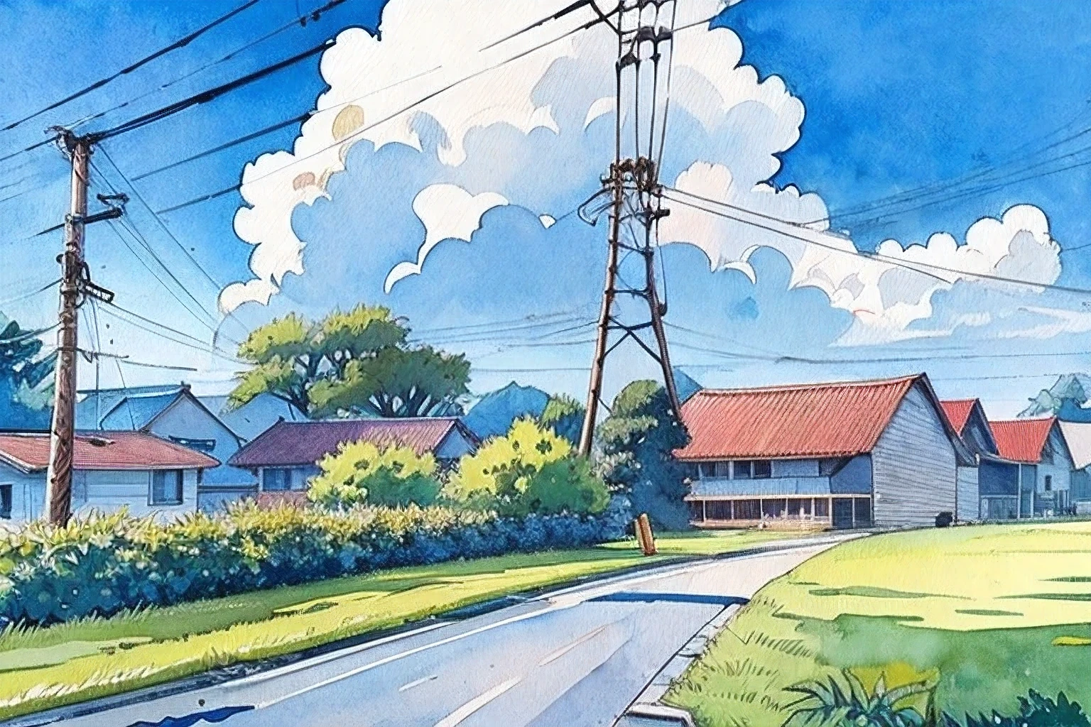 no humans, outdoors, power lines, house, sky, utility pole, tree, scenery, road, manhole, building, bush, grass, traditional media, day, plant, blue sky, cloud, painting (medium), watercolor (medium), town, 