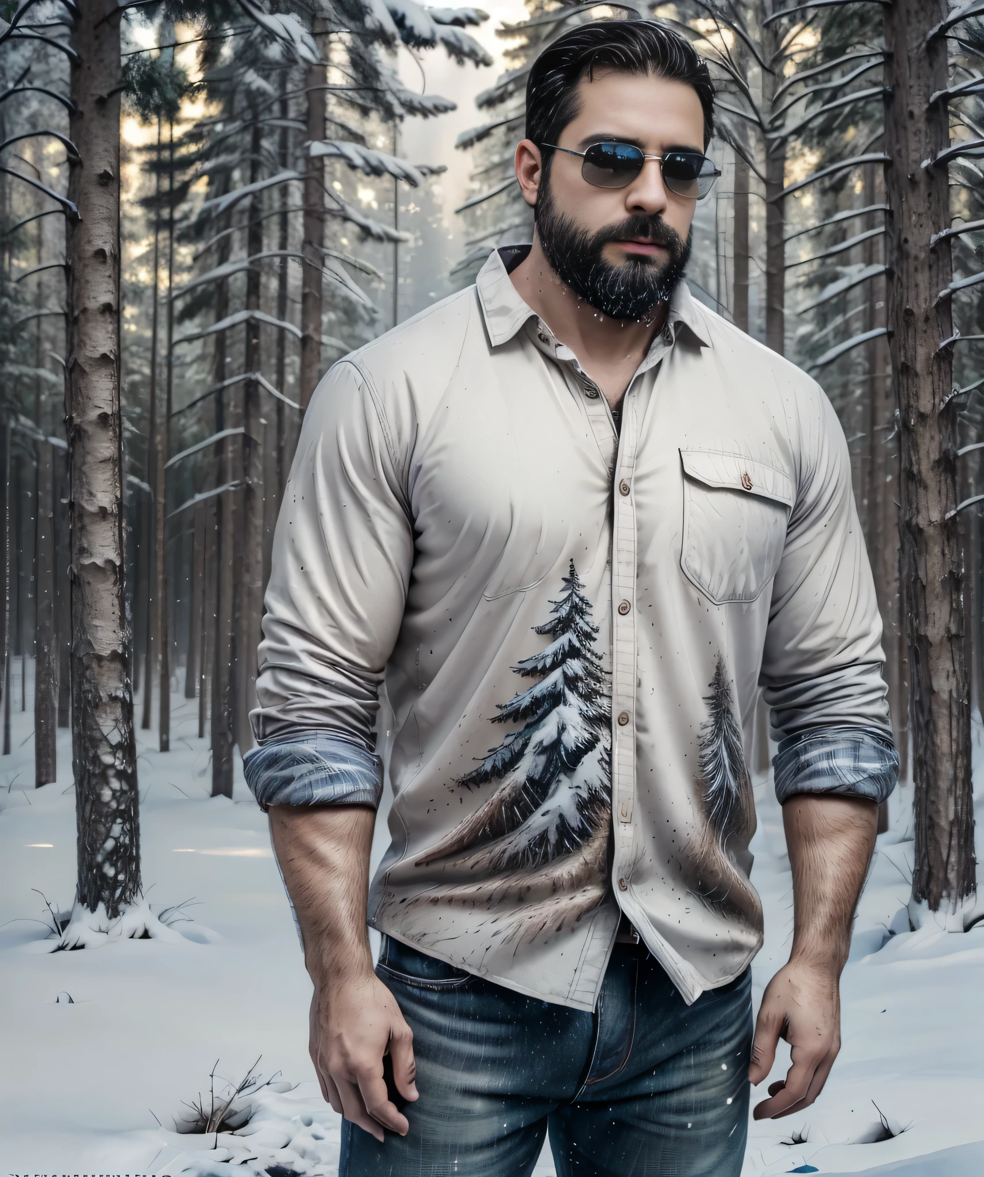 a confident man with a thick beard and aviator sunglasses, standing in a snowy forest, wearing a stylish plaid flannel shirt over a white t-shirt and dark jeans, tall snow-covered pine trees, moody cloudy sky, hands in pockets, calm and composed demeanor, (best quality,4k,8k,highres,masterpiece:1.2),ultra-detailed,(realistic,photorealistic,photo-realistic:1.37),HRD,UHD,studio lighting,ultra-fine painting,sharp focus,physically-based rendering,extreme detail description,professional,vivid colors,bokeh,portrait photography