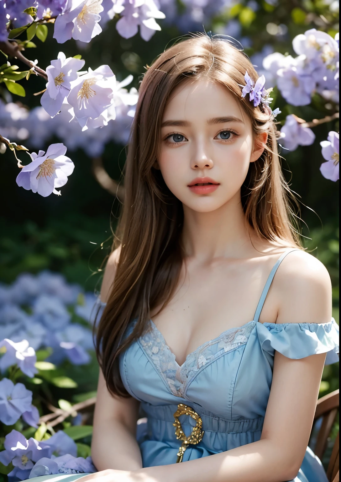 18 year old girl, (Very detailed face, Fine skin), upper body, Deep V Dress, elegant young woman, garden, outdoor,