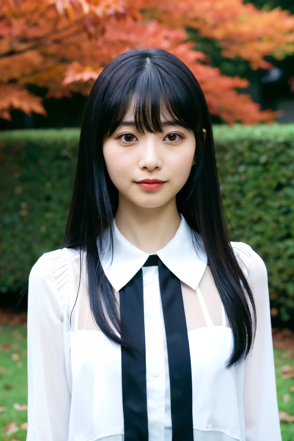 arafed asian woman with long black hair wearing a white blouse, sui ishida with black hair, she has black hair with bangs, shikamimi, black hime cut hair, jaeyeon nam, white hime cut hairstyle, shiori teshirogi, Yoshitomo Nara, kimi takemura, kotegawa yui