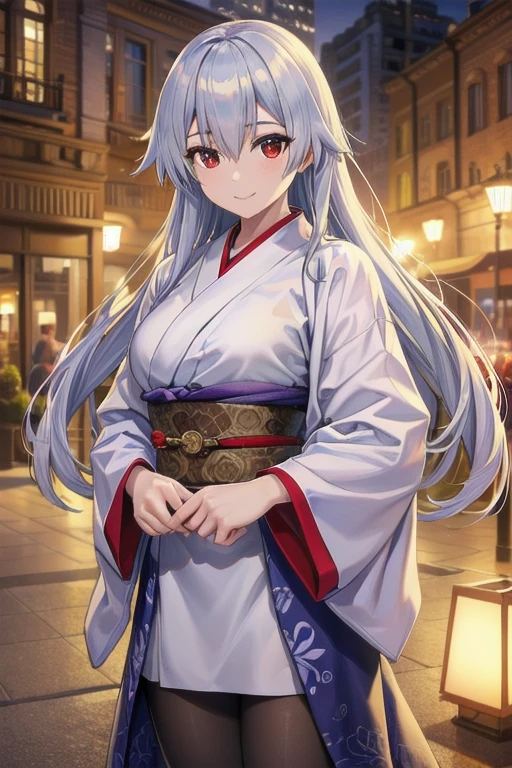 A masterpiece portrait of Tomoe Gozen, a beautiful woman with red eyes, a cute smile, and long silver hair that partially covers her eyes, wearing a long kimono with long sleeves and pantyhose, looking directly at the viewer, in the Torino style, ultra-detailed, 4k, 8k, highres, (best quality,4k,8k,highres,masterpiece:1.2),ultra-detailed,(realistic,photorealistic,photo-realistic:1.37),HDR,UHD,studio lighting,ultra-fine painting,sharp focus,physically-based rendering,extreme detail description,professional,vivid colors,bokeh