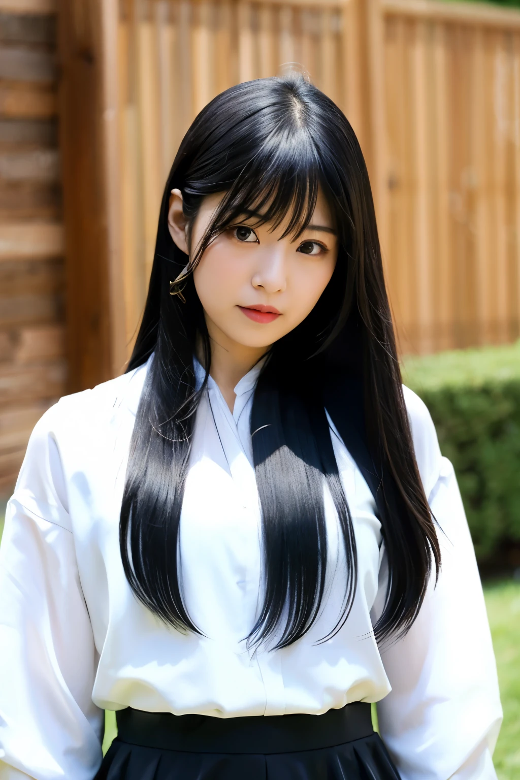 arafed asian woman with long black hair wearing a white blouse, sui ishida with black hair, she has black hair with bangs, shikamimi, black hime cut hair, jaeyeon nam, white hime cut hairstyle, shiori teshirogi, Yoshitomo Nara, kimi takemura, kotegawa yui