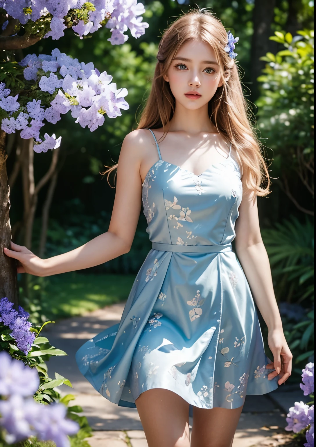 a beautiful young girl standing in front of a blue jacaranda tree, detailed facial features, striking blue eyes, delicate pink lips, flowing golden hair, ethereal aura, serene expression, dappled sunlight filtering through the blue blossoms, lush green foliage, dreamy, whimsical, fantasy-like, digital art, highly detailed, cinematic lighting, vibrant colors, photorealistic, 8k, above knee length pink dress, standing, stylish poses, ((one hand on hip another hand on hair pose))