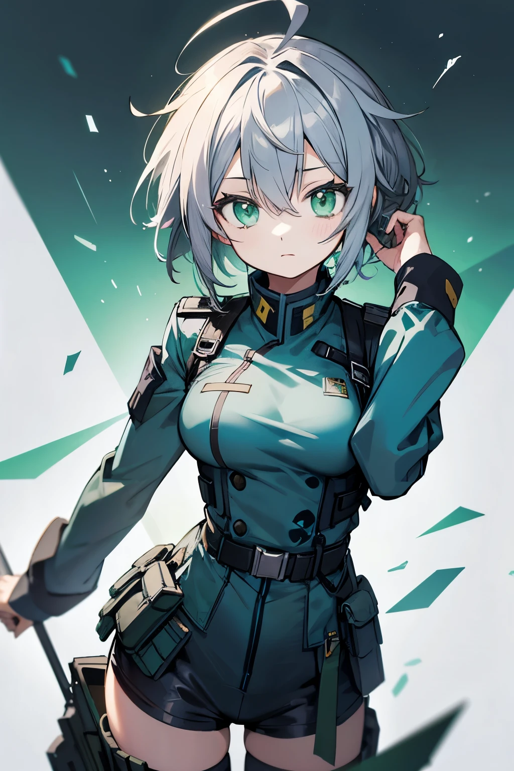 anime woman, blue military outfit, very messy short gray hair, ahoge, green eyes