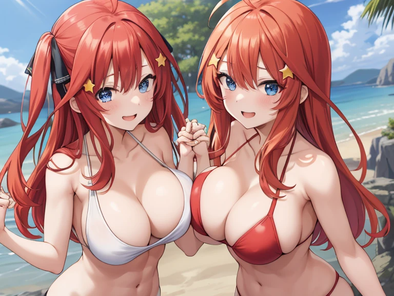 2d, masterpiece, best quality, anime, highly detailed, 5 girl, photo of 5 girl, quintuplets, nakano itsuki, red hair, long hair, star hair ornament, ahoge, large breasts, spa, red bikini, outdoors, smile, sexy body, perfect body, abs muscular, belly button, side breasts, back of thigh, breast size comparison, breast fight, breasts pressing, breasts pressed together, pairing a character with their own self, underboob, lots of breasts, breast sumo, full body, sandwich, sandwiched, symmetrical docking, hand on another's back, hand on hair 