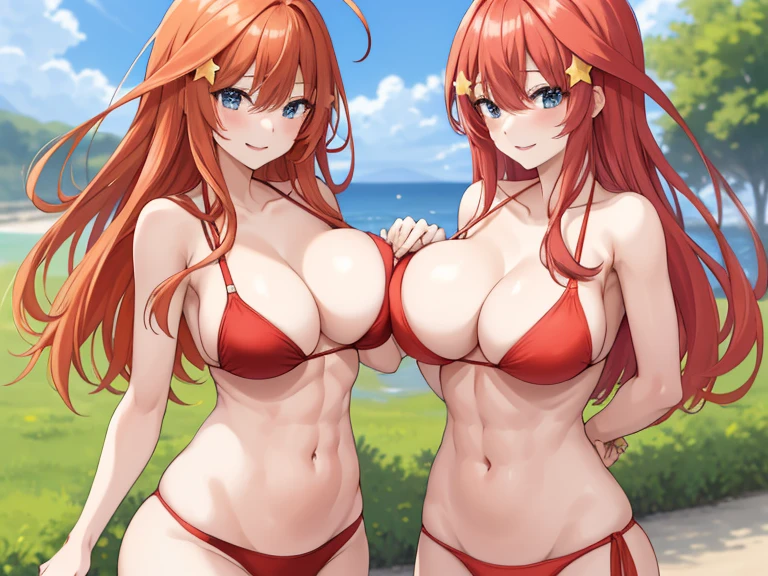 2d, masterpiece, best quality, anime, highly detailed, 5 girl, photo of 5 girl, quintuplets, nakano itsuki, red hair, long hair, star hair ornament, ahoge, large breasts, spa, red bikini, outdoors, smile, sexy body, perfect body, abs muscular, belly button, side breasts, back of thigh, breast size comparison, breast fight, breasts pressing, breasts pressed together, pairing a character with their own self, underboob, lots of breasts, breast sumo, full body, sandwich, sandwiched, symmetrical docking, hand on another's back, hand on hair
