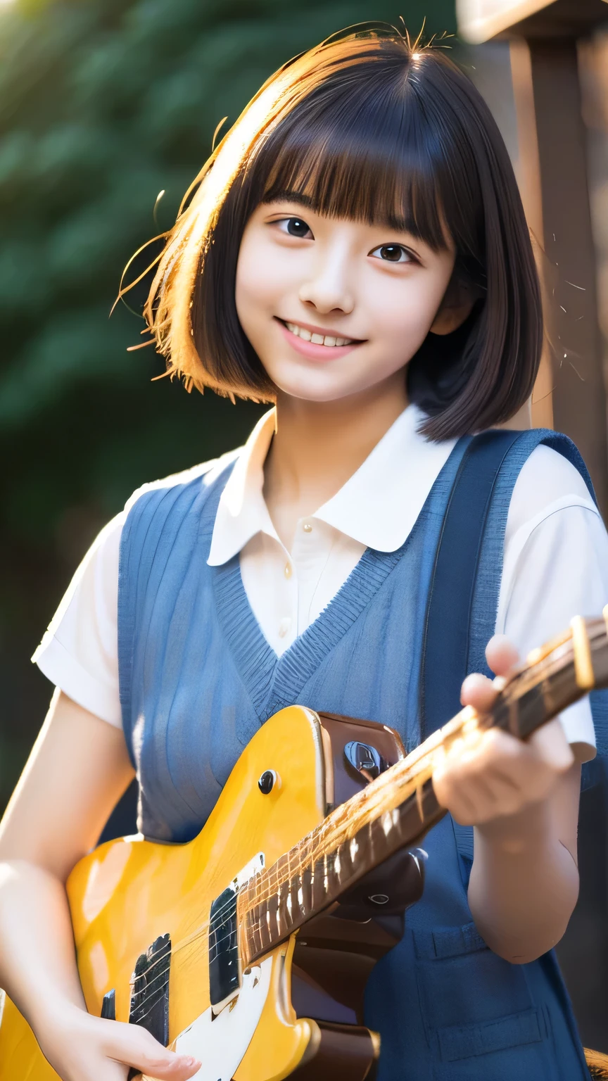 masterpiece high resolution Female student very cute Natural atmosphere boyish 16 years old Bobcut Dimples mole Tanuki face Vertical navel Playing electric guitar Are standing