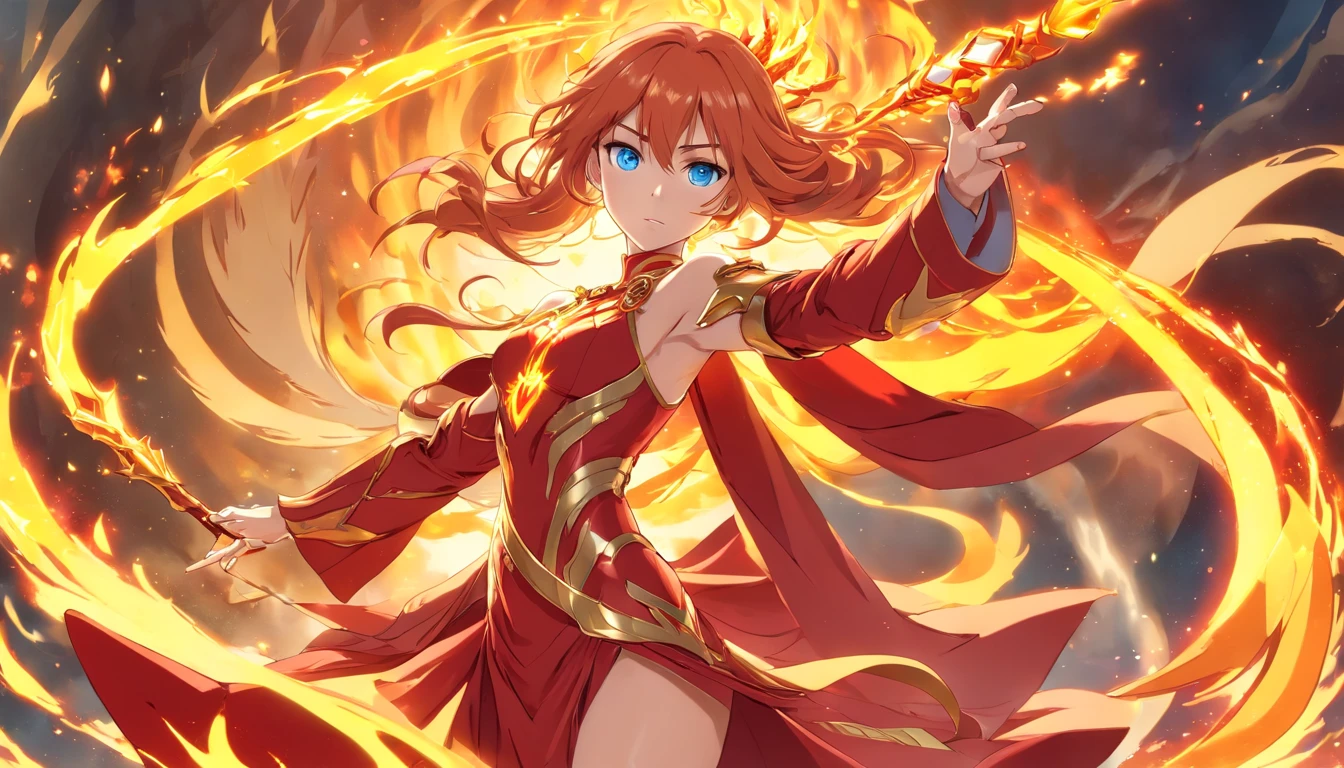 ((Beautiful warrior mage with the face of Asuka Langley. Voluptuous female body and feminine beauty. Light blue eyes, long red hair, crimson red hair, long red hair waving in the wind, body of a goddess, appearance of a goddess, medium well-marked breasts, well-rounded preches, young adult, well-proportioned female body, divine beauty, long legs, slender female body. She wears a long red imperial dress. She wears a long, fitted red dress. She wears a long skirt. She wears phoenix armor, she wears golden armor, she wears sensual plated armor, she wears feminine phoenix armor. Wing-shaped flames emerge from her back. She is full of determination and courage, she radiates an aura of unbreakable fighting that leaves everyone who looks at her captivated, she has a cold and proud look. She carries a magical scepter of fire, lots of details, intricate reliefs, magical scepter, magical staff. She is levitating in the air, looking like a goddess, surrounded by flames, floating in the air with flames around her. )), The character has fused with a phoenix and now has wings of fire, gold flames and armor with metal feathers, as well as a silhouette of the golden phoenix behind him, magical fusion of woman with phoenix, phoenix goddess, Beautiful woman with phoenix features