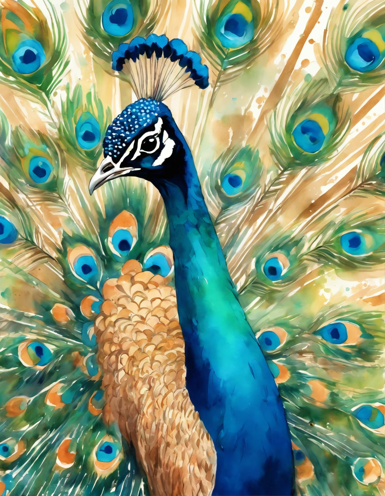 painting of a peacock with blue feathers on a white background, peacock. intricate, peacock colors, peacock, beautiful detail and color, masterful detailed watercolor, 9 peacock tails, painted in bright water colors, 9 brilliant peacock tails, water color and pen, by Charlotte Harding, watercolor and ink, by Mardi Barrie
