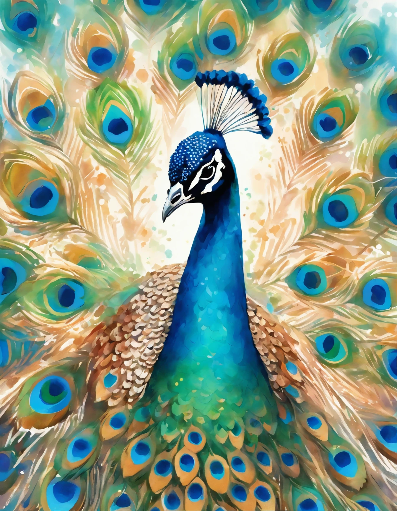 painting of a peacock with blue feathers on a white background, a detailed painting by Charlotte Harding, flickr, pointillism, peacock. intricate, peacock colors, peacock, beautiful detail and color, masterful detailed watercolor, 9 peacock tails, painted in bright water colors, 9 brilliant peacock tails, water color and pen