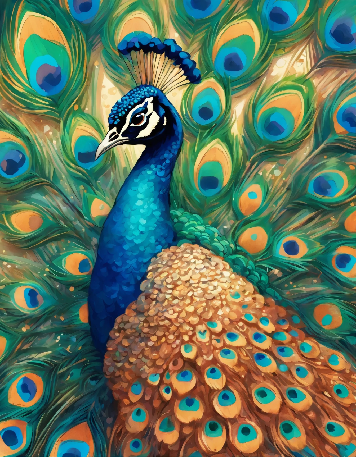 painting of a peacock with blue feathers on a white background, a detailed painting by Charlotte Harding, flickr, pointillism, peacock. intricate, peacock colors, peacock, beautiful detail and color, masterful detailed watercolor, 9 peacock tails, painted in bright water colors, 9 brilliant peacock tails, water color and pen