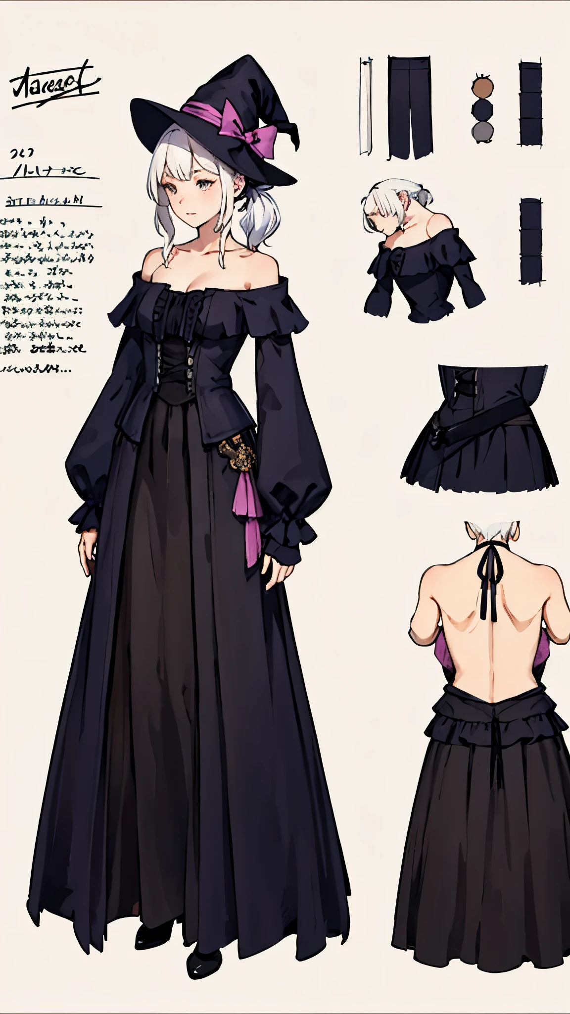  a witch's outfit with a long skirt, white hair in a side ponytail that falls on the shoulder. ((Full body)), model sheet 
